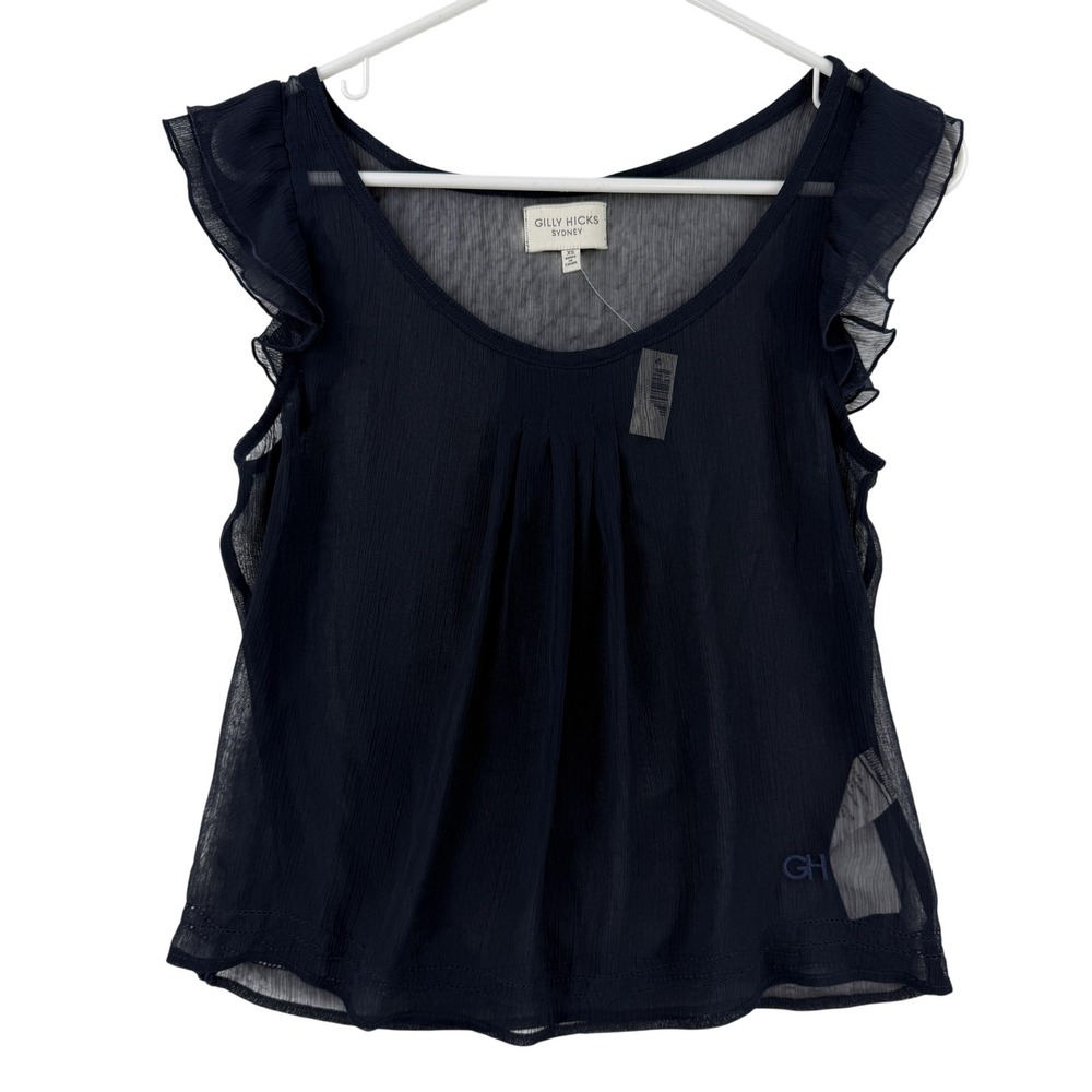 Gilly Hicks Blouse Womens XS Blue Sheer Chiffon Ruffle Flutter Sleeve Top NWT